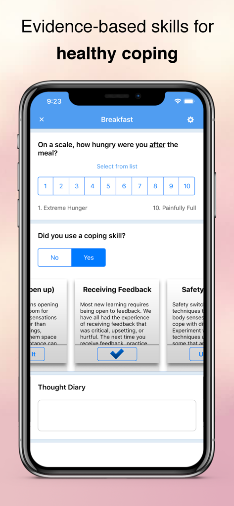 RR: Eating Disorder Management - Recovery Recordアプリのインターフェース。食事後の空腹度スケールとコーピングスキルセクションが表示されています。
