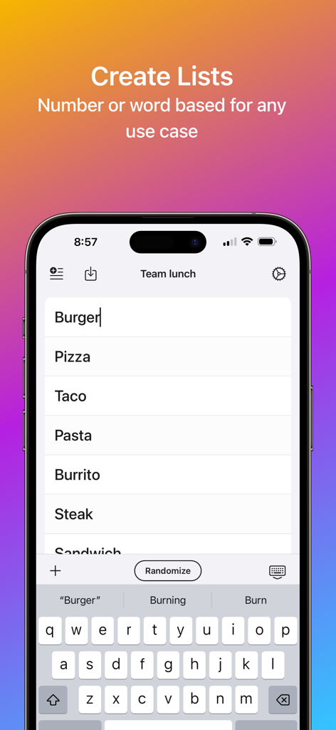 Randomizer - Capture d'écran de l'application Randomizer montrant l'interface pour créer des listes personnalisées pour la prise de décision