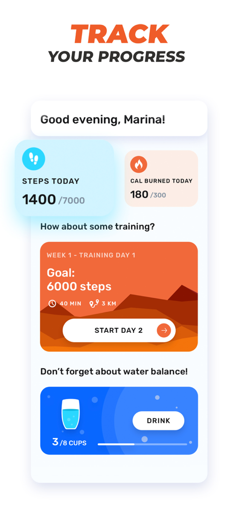 Walking & Weight Loss Tracker - 일일 걸음 수, 소모 칼로리 및 수분 섭취량을 보여주는 걷기 앱 대시보드