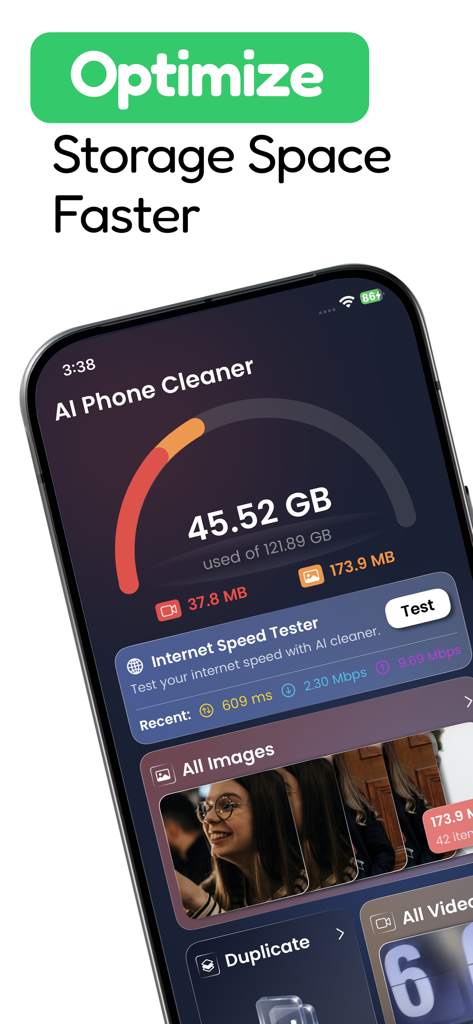 Phone Clean Up - Speed Clean - Interfaz de la aplicación AI Phone Cleaner que muestra el análisis de capacidad de almacenamiento y la función de prueba de velocidad de Internet