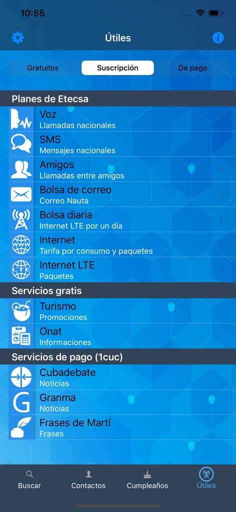 Interface da aplicação CallerID mostrando vários planos de telecomunicações da Etecsa e utilitários para utilizadores em Cuba