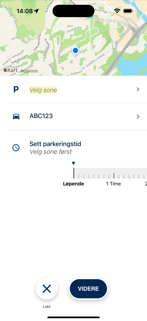 Official Parkering Kristiansand app interface for selecting a parking zone, vehicle, and duration on a map.