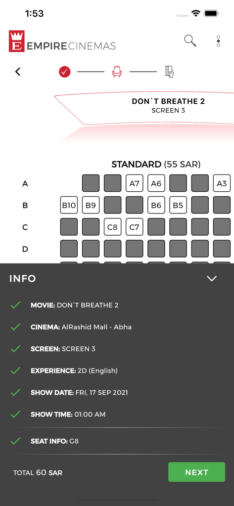 Empire Cinemas - Interfaz de selección de asientos de la aplicación Empire Cinemas que muestra un plano de asientos del cine y un resumen de la reserva para una película