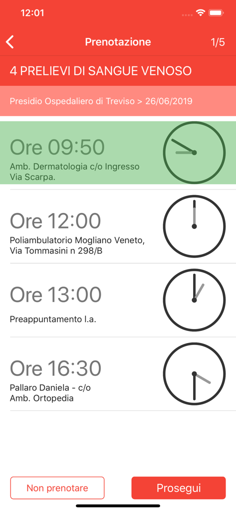 Interfaccia dell'app ULSS 2 per la selezione degli orari di appuntamento medico