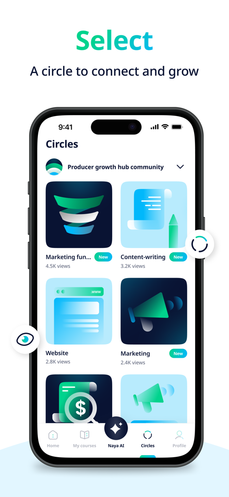 Tenmeya app interface showing various learning circles including marketing and content writing