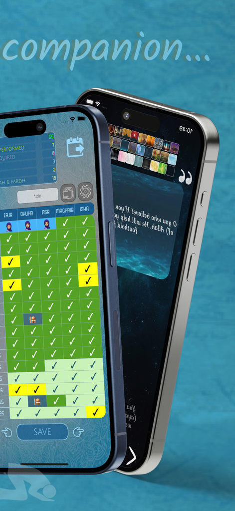 iQibla app interface showing a Salah follow up table and daily Islamic verses