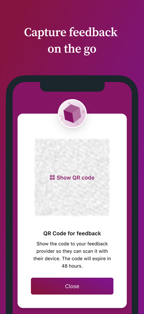 Portflow - Portflow app screen showing a QR code for capturing learning feedback on the go.