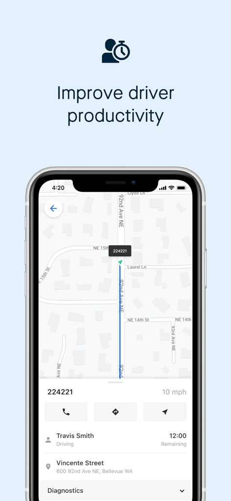 Samsara Fleet app interface showing real-time driver location and productivity metrics on a map.