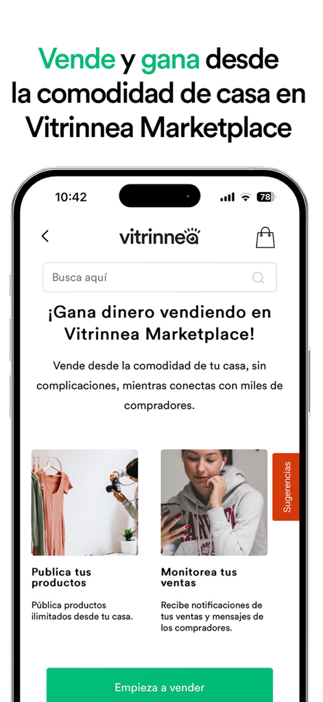 Vitrinnea - Pantalla de la aplicación Vitrinnea que muestra cómo vender ropa y rastrear ventas desde casa.