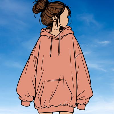 realistic girl with a oversized sweatshirt on and a bun