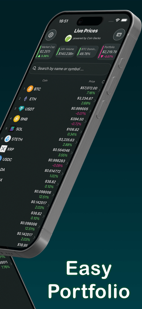 Coin Geek - Data by CoinGecko - Screenshot of Coin Geek app showing live cryptocurrency prices and portfolio overview