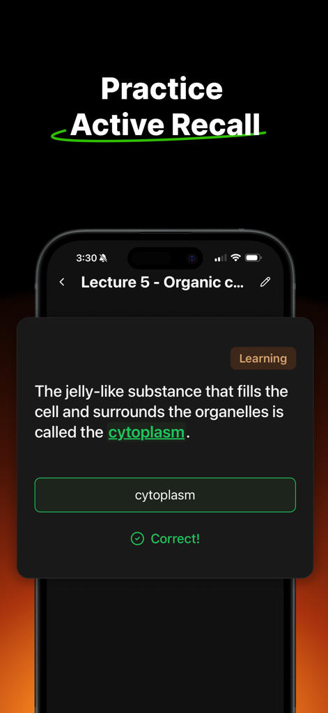 Studley AI mobile app interface showing a biology quiz question using active recall methodology.