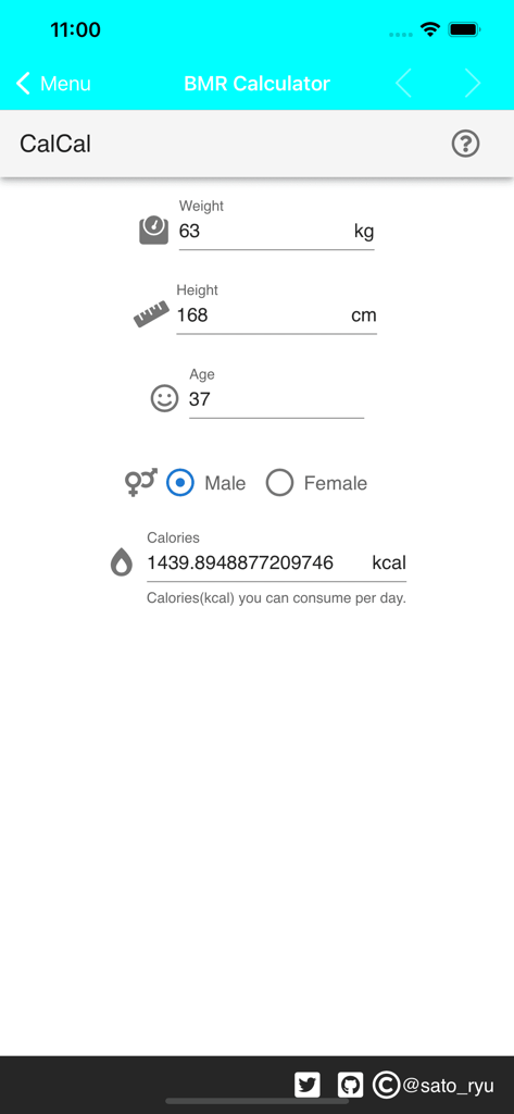 BMR Calculator Body Health - 체중, 키, 나이 입력과 계산된 일일 칼로리 결과를 보여주는 BMR 계산기 앱 화면