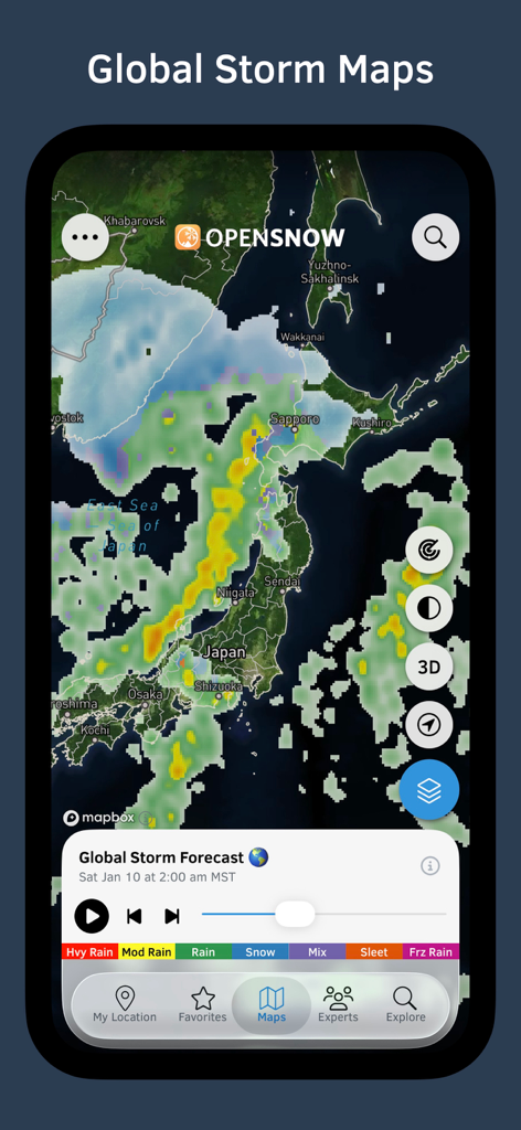 Aplicación OpenSnow que muestra un mapa global de pronóstico de tormentas con una superposición de radar meteorológico que muestra nieve y lluvia sobre Japón.