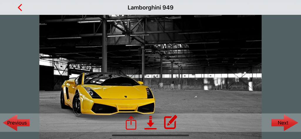 Car Wallpapers in HD - Vista previa de un fondo de pantalla de coche Lamborghini amarillo de alta definición con navegación de la aplicación y herramientas de edición