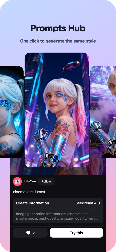 LittyVibe: AI Creative Hub - LittyVibe app interface showing the Prompts Hub with a cyberpunk AI character and a one-tap remix button