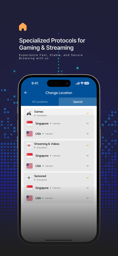 Shark VPN: Secure & Affordable - Ein Smartphone-Bildschirm, der spezielle Shark VPN-Serverprotokolle für Gaming und Video-Streaming an Standorten wie den USA und Singapur anzeigt.