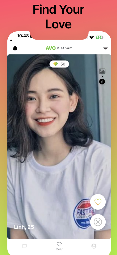 Screenshot of the AvoVietnam dating app showing a profile of a Vietnamese woman named Linh with the headline Find Your Love