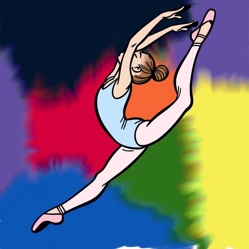 gymnast doing a leap in a leotard with a bent back leg