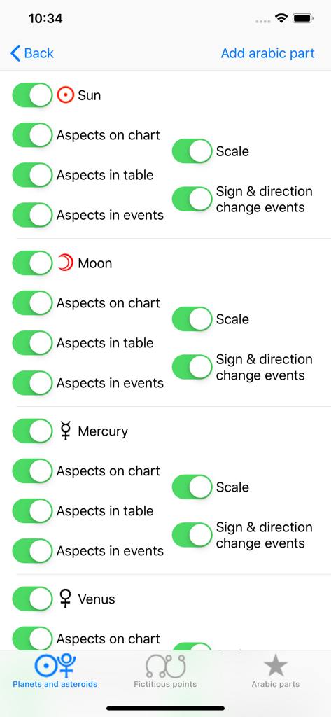 Menu delle impostazioni per pianeti e asteroidi nell'app di astrologia Carta Oraria.