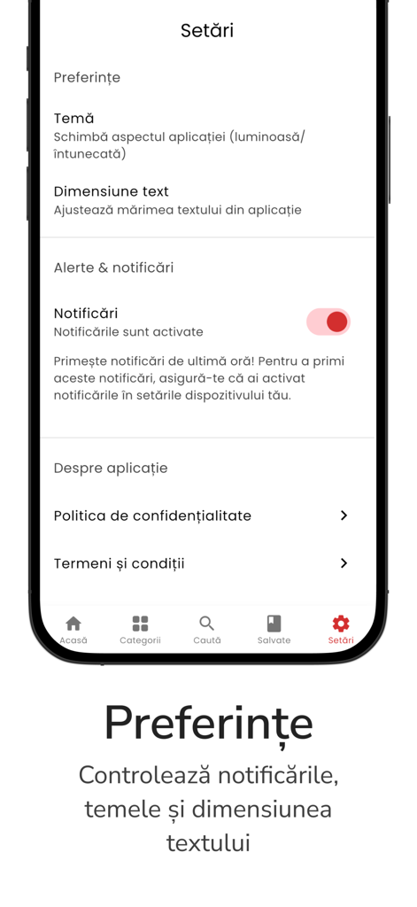 Capture d'écran de l'écran des paramètres de l'application ePitesti montrant les options en langue roumaine pour le thème de l'application, la taille du texte et les alertes de notification.