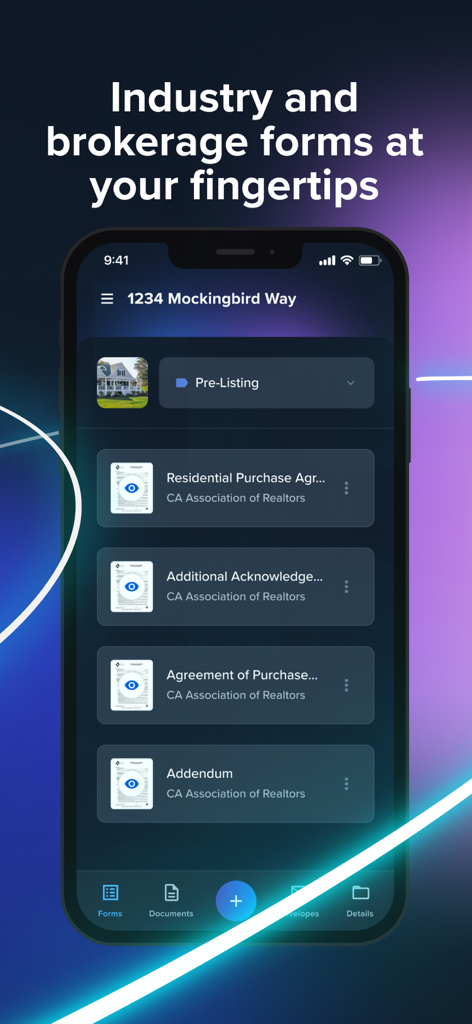 SkySlope mobile app on an iPhone displaying a list of real estate industry forms including residential purchase agreements and addendums.