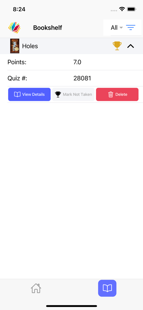 AR Book Scanner app bookshelf displaying book points and quiz number