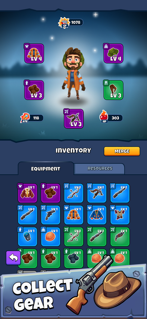 Equipment and inventory screen in Dark Forest Survivor showing character gear and collected items