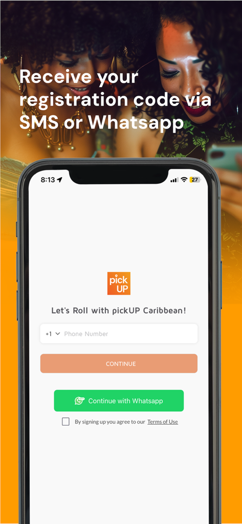 PickUp Barbados - Pantalla de registro de la aplicación de taxis PickUp Barbados que muestra opciones de inicio de sesión por número de teléfono y WhatsApp para viajeros
