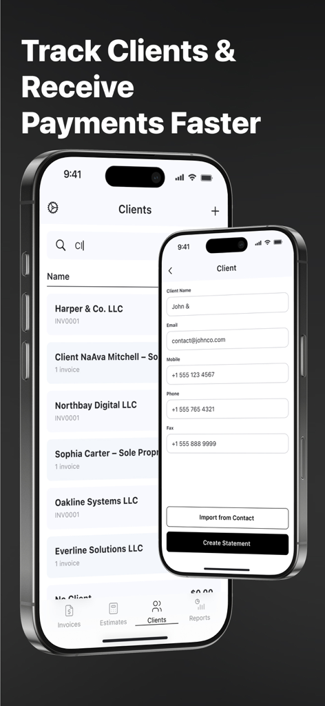 Interface de aplicativo móvel mostrando rastreamento de clientes de negócios e gerenciamento de detalhes de contato.
