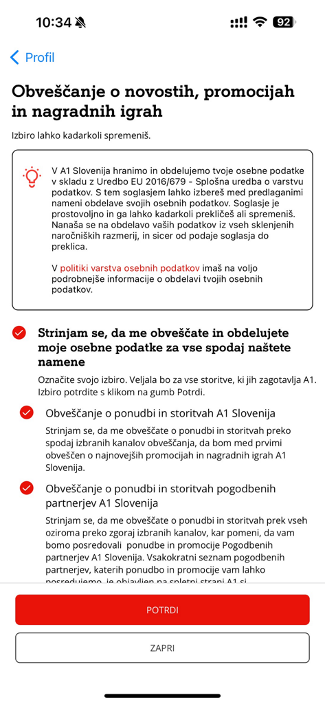 Moj A1 - Notification and privacy consent screen in the Moj A1 app