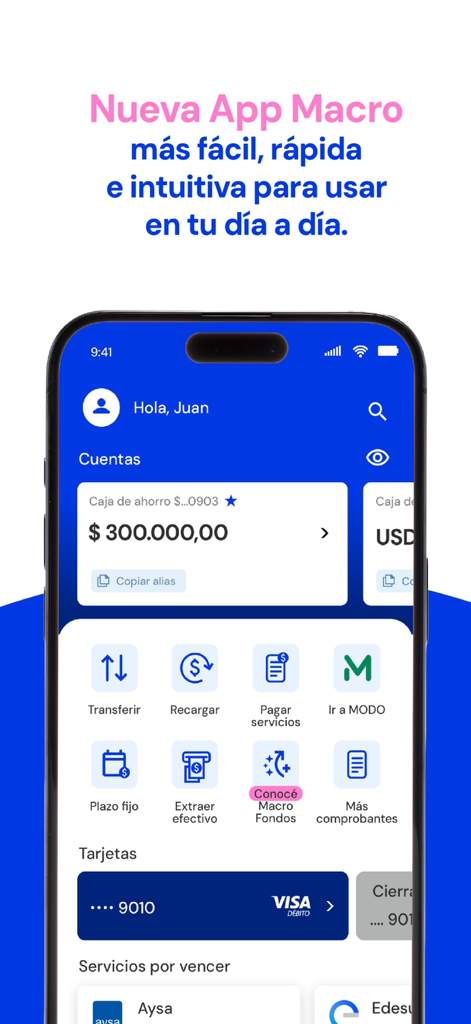 Panel de la aplicación de banca móvil Nueva App Macro que muestra información de cuentas y accesos directos a servicios financieros