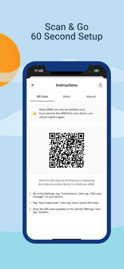 eSimFly - QR code setup screen for eSimFly mobile data activation