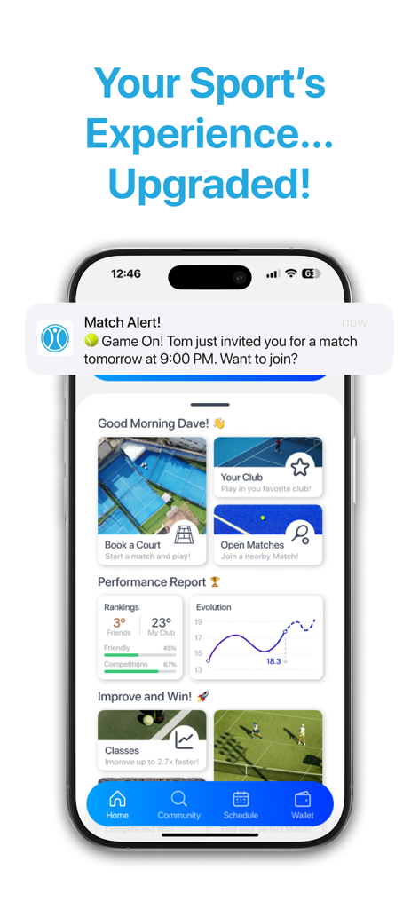 TiePlayer app dashboard showing tennis and padel court booking match alerts and performance stats