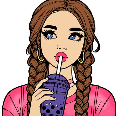 realistic girl with braided hair drinking boba