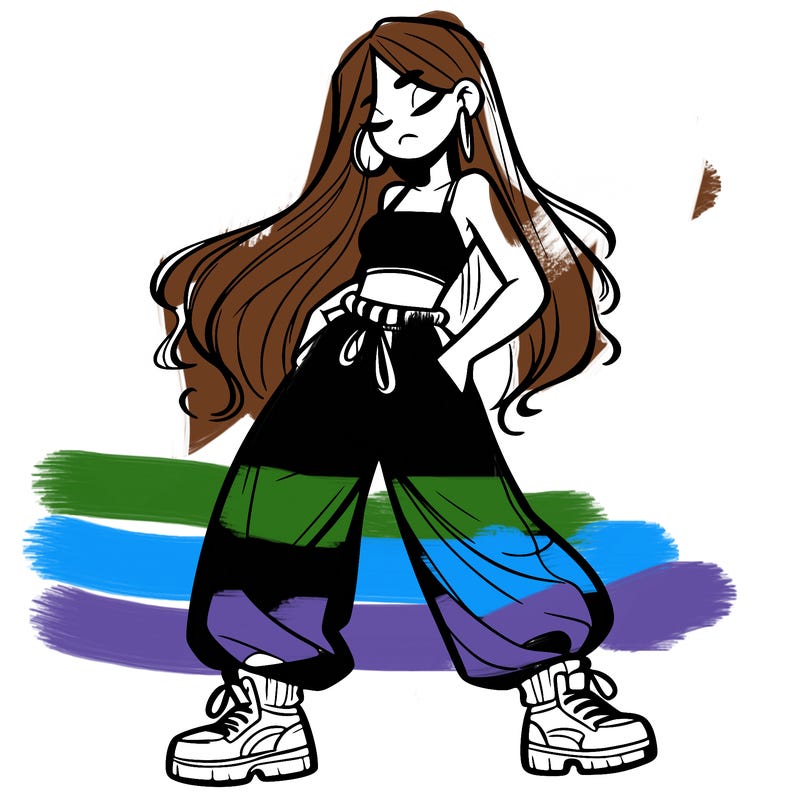 girl in baggy pants crop top and long hair