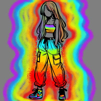 girl in baggy pants crop top and long hair