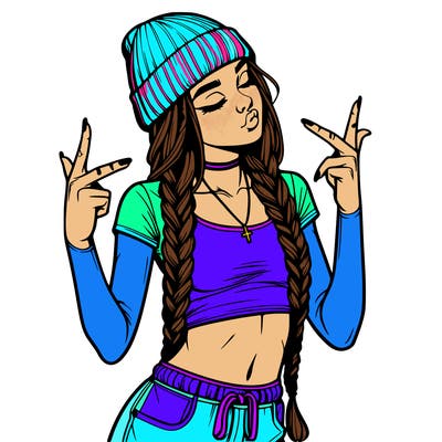 realistic teenage girl with braids and a beanie and crop top doing 🫶🏼
