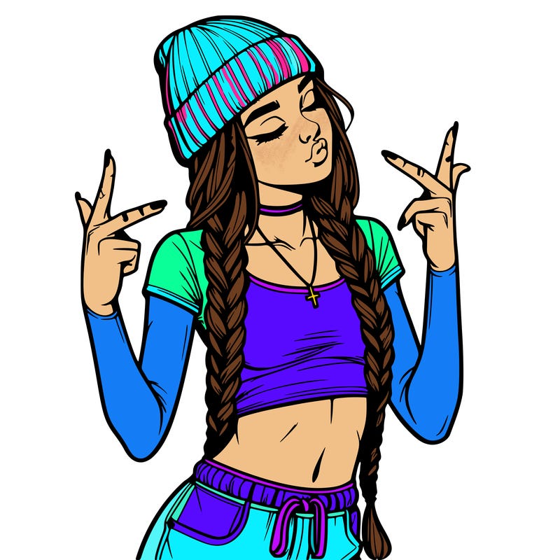 realistic teenage girl with braids and a beanie and crop top doing 🫶🏼