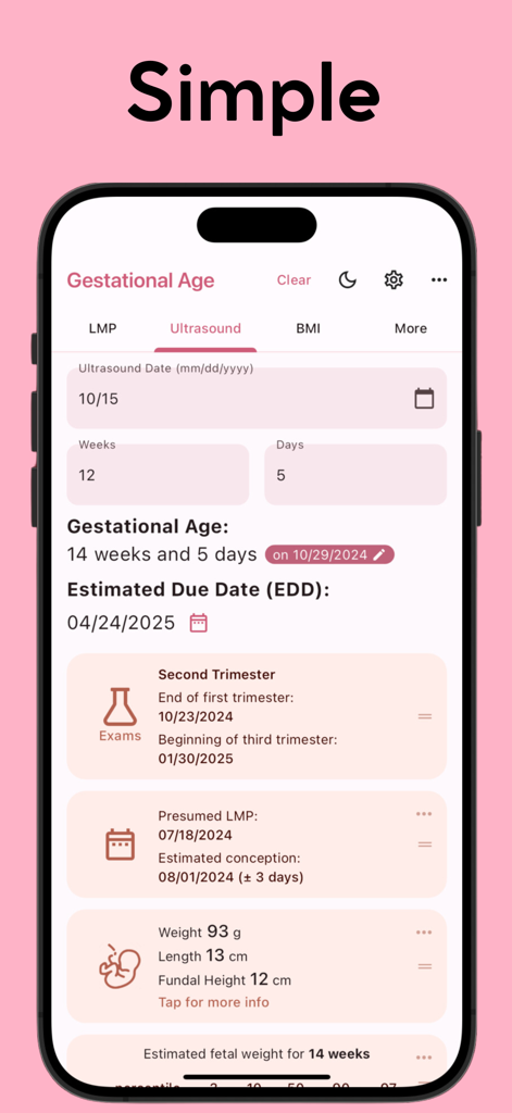 Smartphone screen of a medical app showing gestational age and due date calculations based on ultrasound data