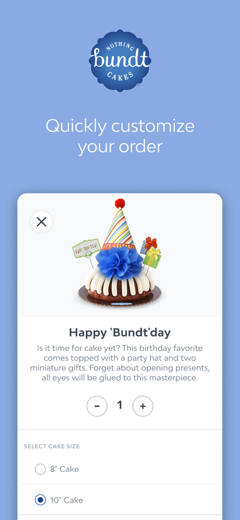 Nothing Bundt Cakes mobile app interface showing customization options for a birthday cake