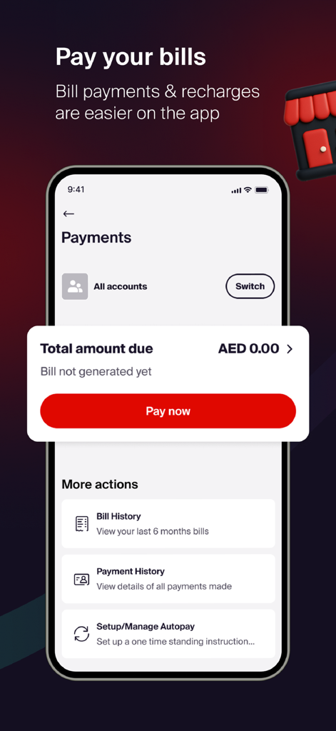 Interfaz de pago de facturas de la app e and uae que muestra el saldo de la cuenta y opciones del historial de pagos