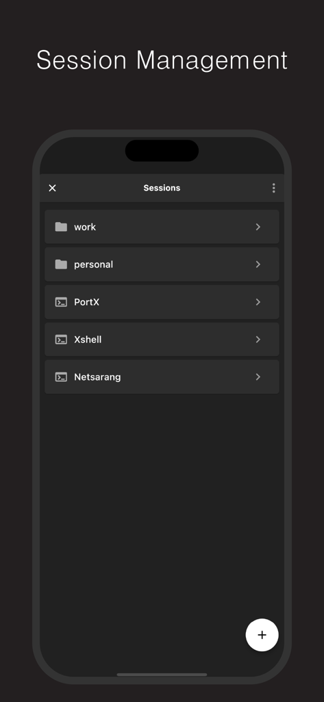 PortX - SSH, SFTP Client - PortX mobile App Sitzungsverwaltungsbildschirm mit organisierten Ordnern für SSH-Serververbindungen.