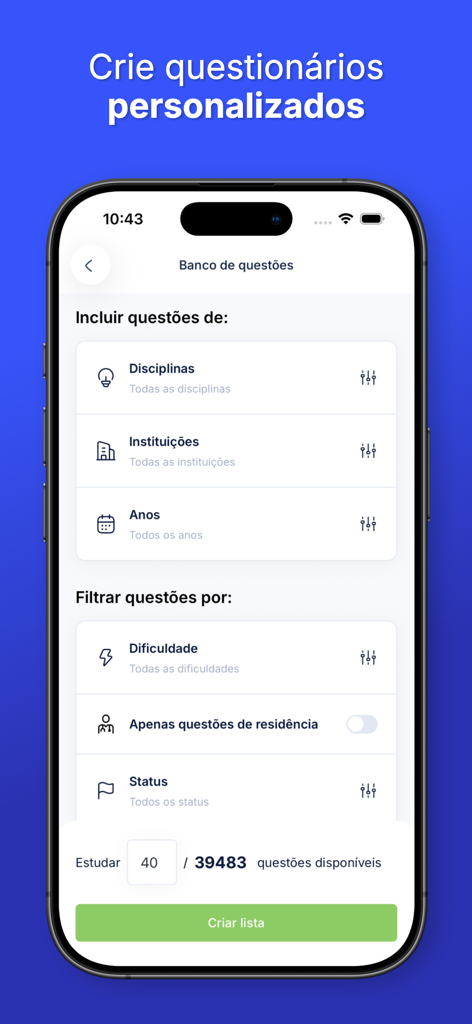 Interface of MEDsimple app displaying medical quiz customization options including subjects and difficulty levels