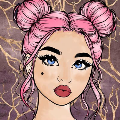 realistic girl with two buns on her hair and lips