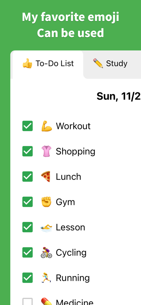 A daily to-do list screen with tasks organized by custom emojis and categories