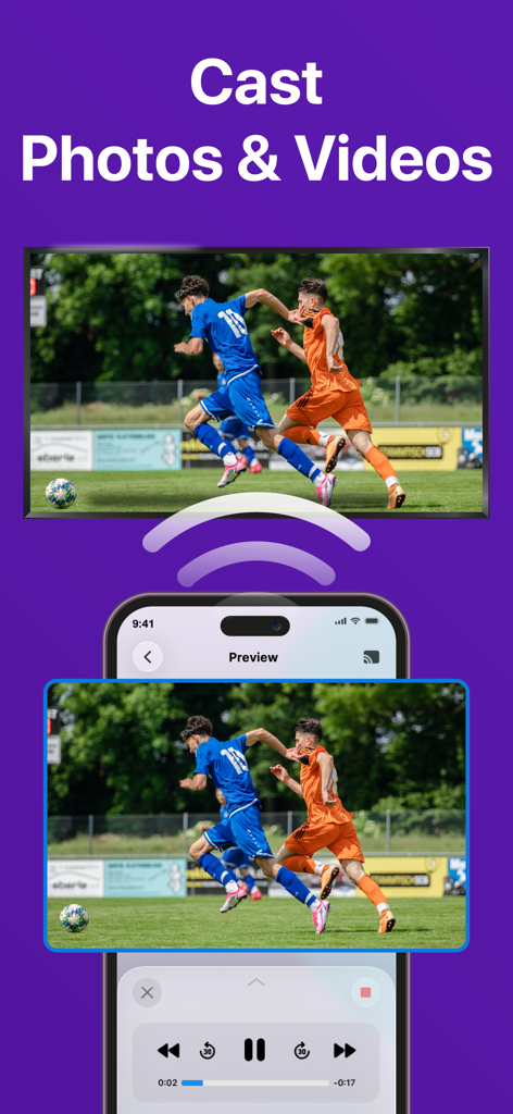 Universal TV Remote・TV Control - An iPhone casting a photo of soccer players to a smart TV screen.