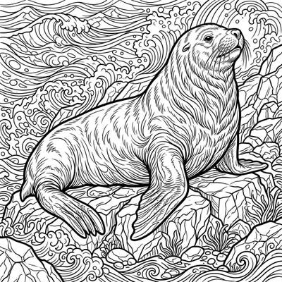 Dive into an oceanic adventure with this intricate coloring page featuring a majestic Steller sea lion. Perched on a rugged shoreline, this powerful marine mammal awaits your creative touch.