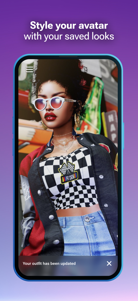 Second Life - サングラスをかけ、チェック柄の服を着たスタイリッシュな女性アバターがSecond Lifeモバイルアプリに登場。