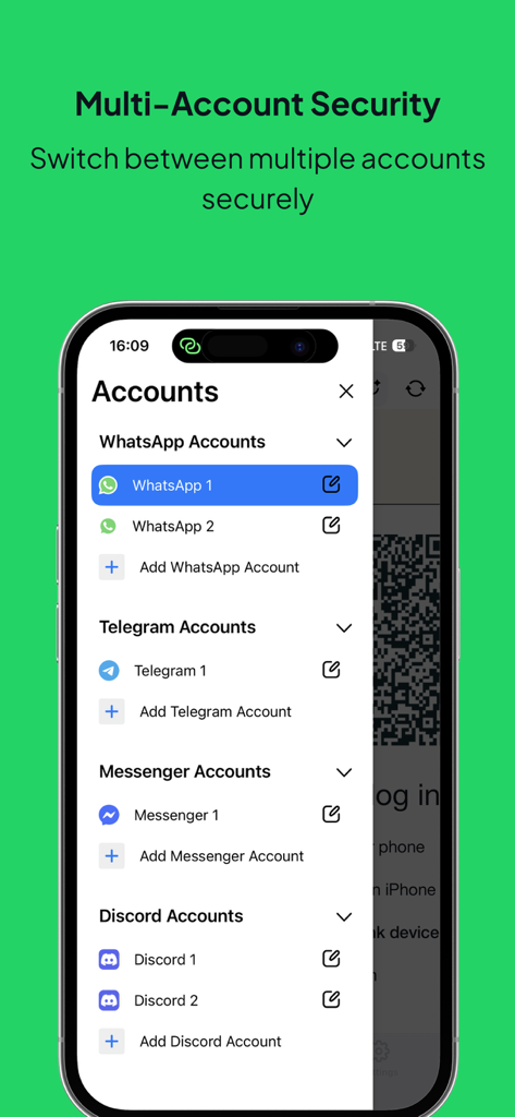 All Messenger for WA Web - Interface showing multiple accounts for WhatsApp Telegram Messenger and Discord in a single app sidebar